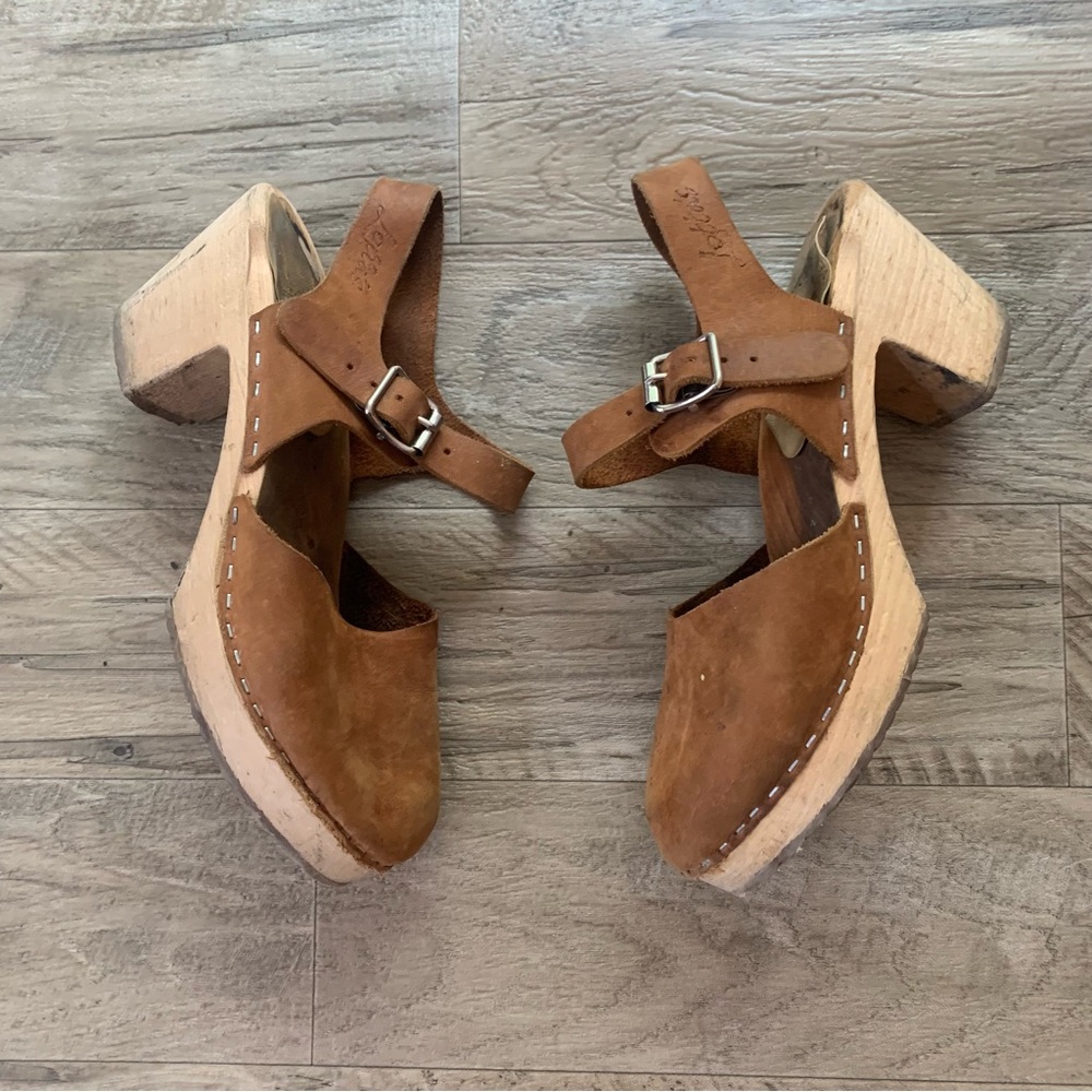 Lotta From Stockholm Wooden Block Heel Leather Buckle Clogs Sandals - Picture 7 of 14